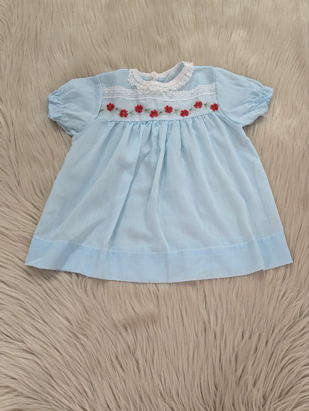 Vintage pale blue dress with white lace trim and red embroidered flowers size 6M